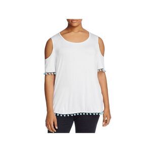 ALISON ANDREWS Womens Stretch Pom Pom Trim Short Sleeve Scoop Neck Blouse